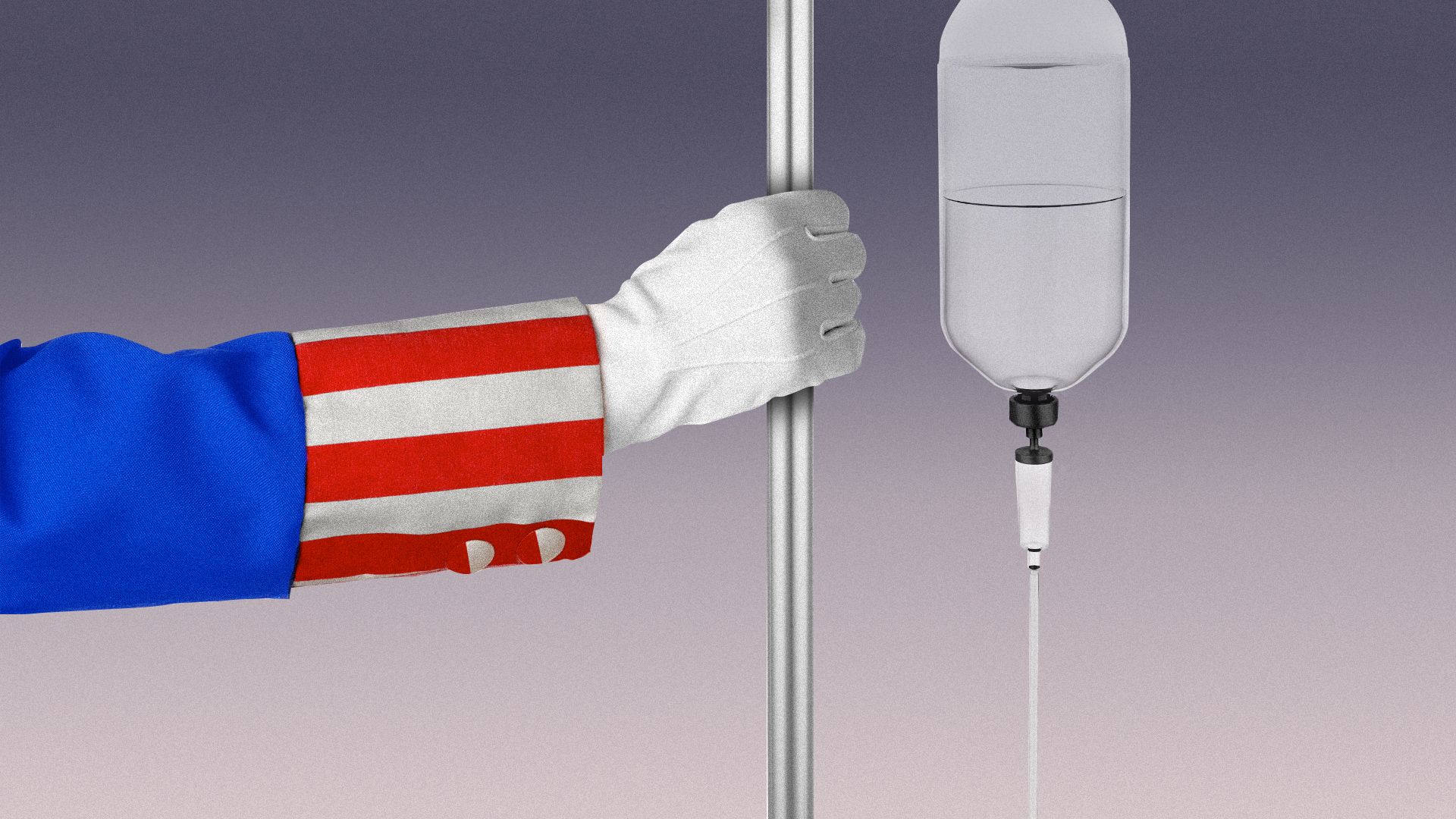 Illustration of Uncle Sam holding on to an IV.