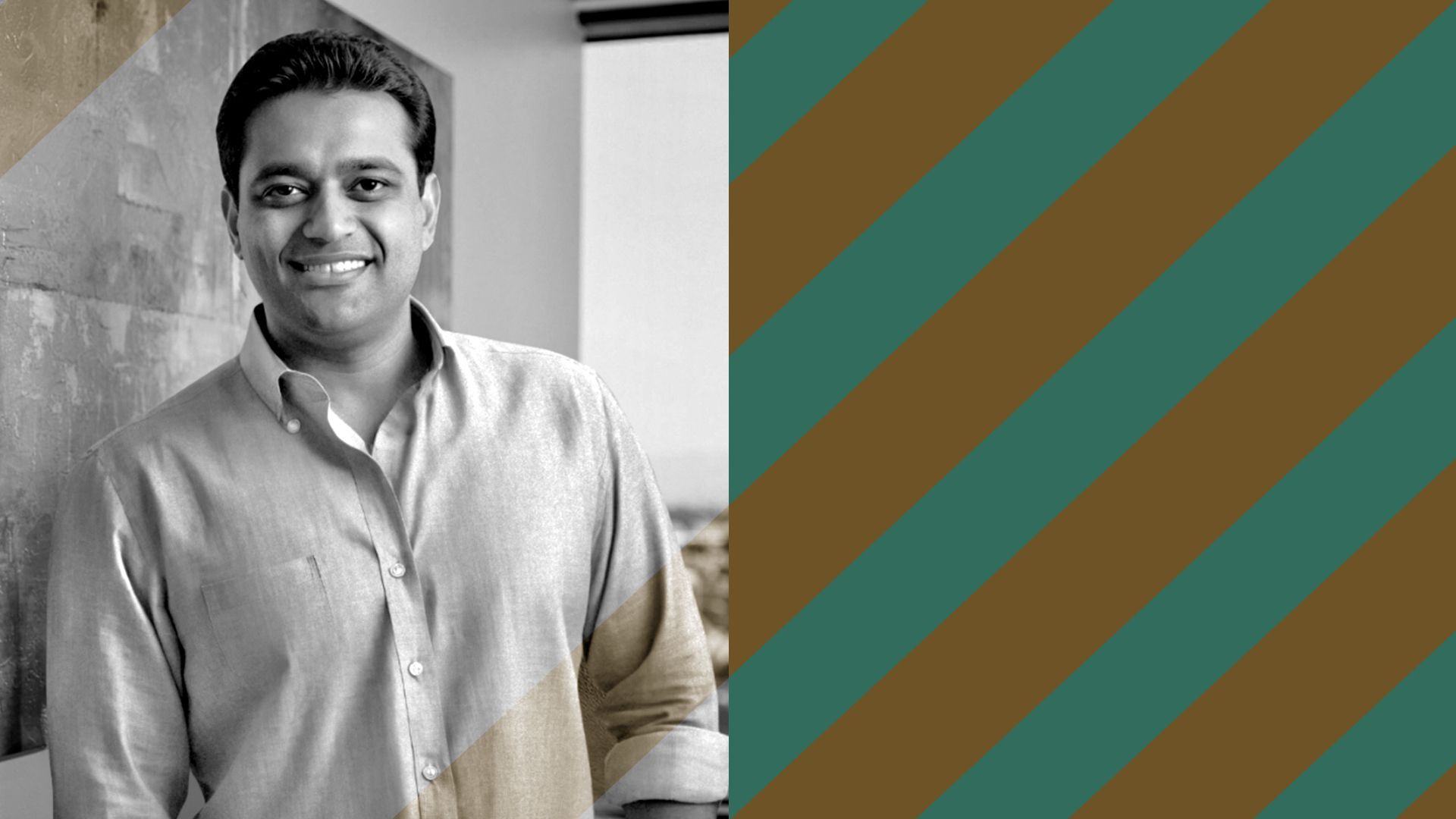 Photo illustration of Shashank Saxena next to graphic diagonal lines.
