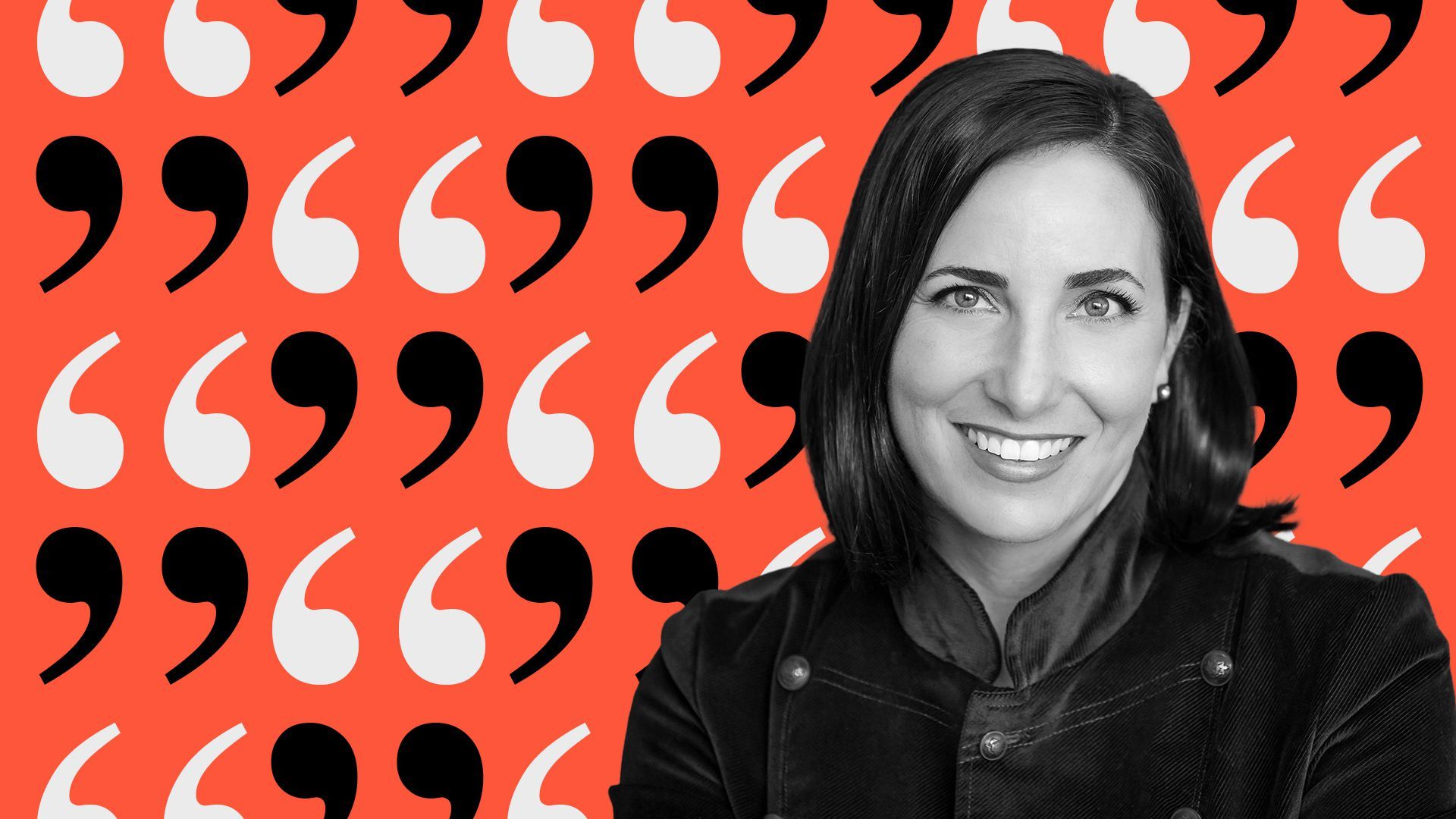 Photo illustration of Elisa Schreiber on a patterned background of abstract quotation marks.