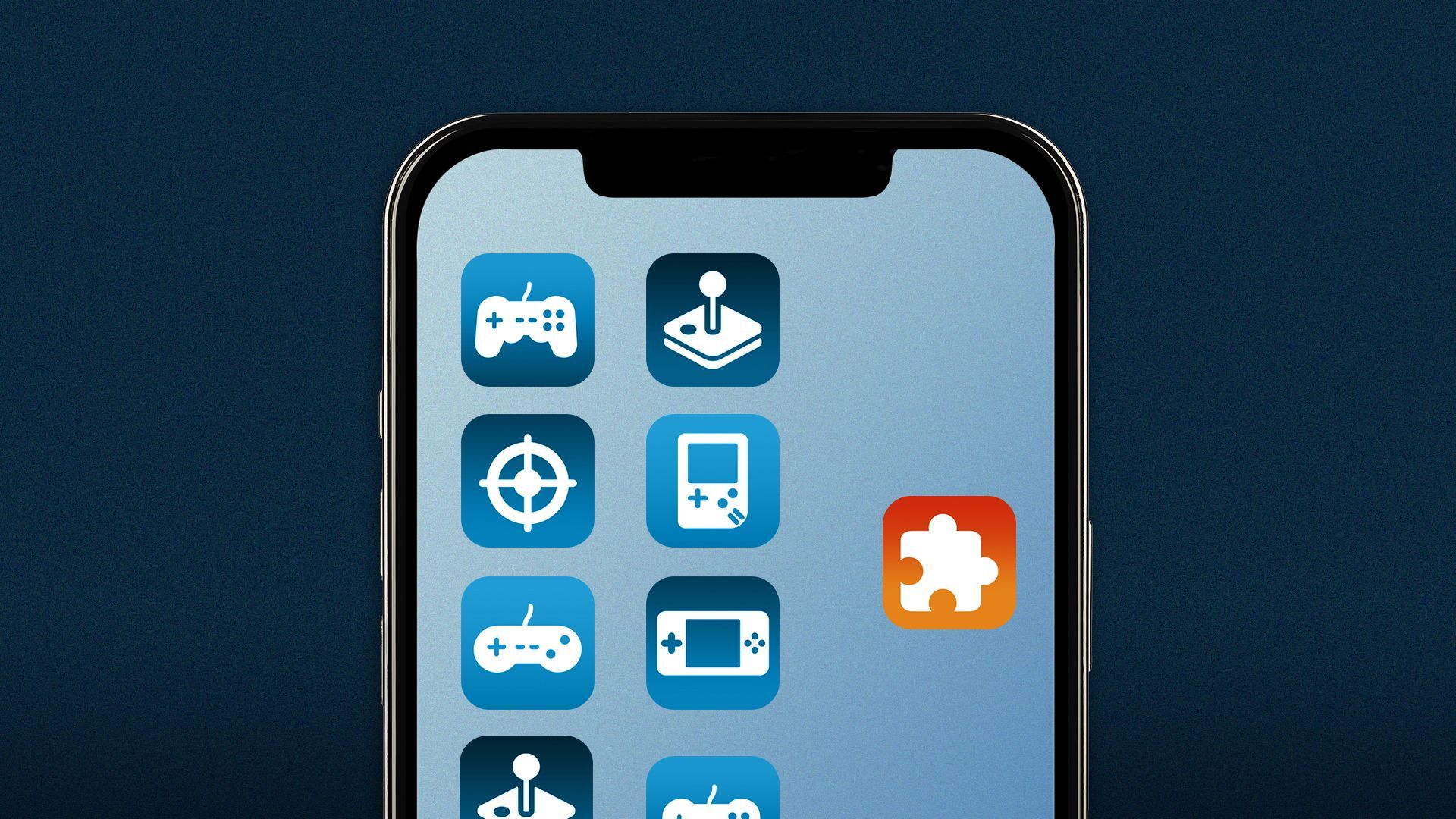 Illustration of a smart phone with several video game apps on one side, and one puzzle app on the other side.