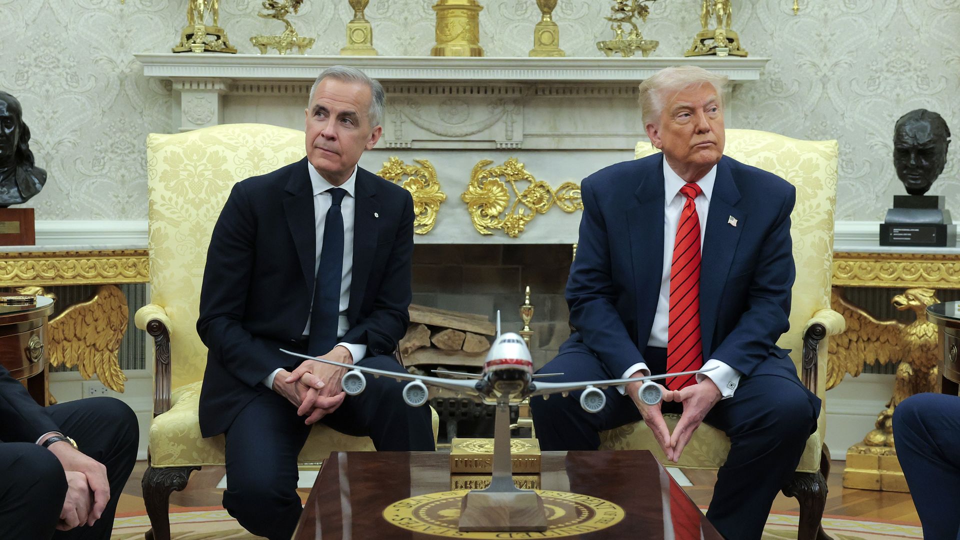 President Donald Trump (R) meets with Canadian Prime Minister Mark Carney in the Oval Office at the White House on May 6, 2025 in Washington, DC. Carney, who was elected into office last week, is expected to meet with President Trump to discuss trade and the recent tariffs imposed on Canada. (Photo 