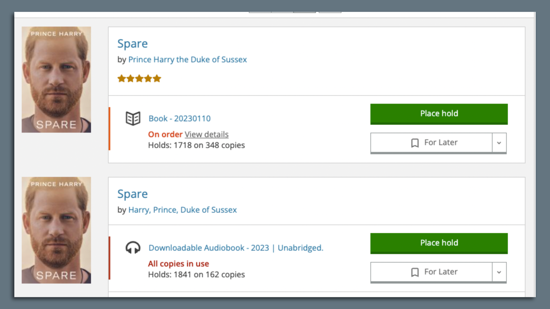 Photo of a screen that shows wait times to rent a book at the library. 