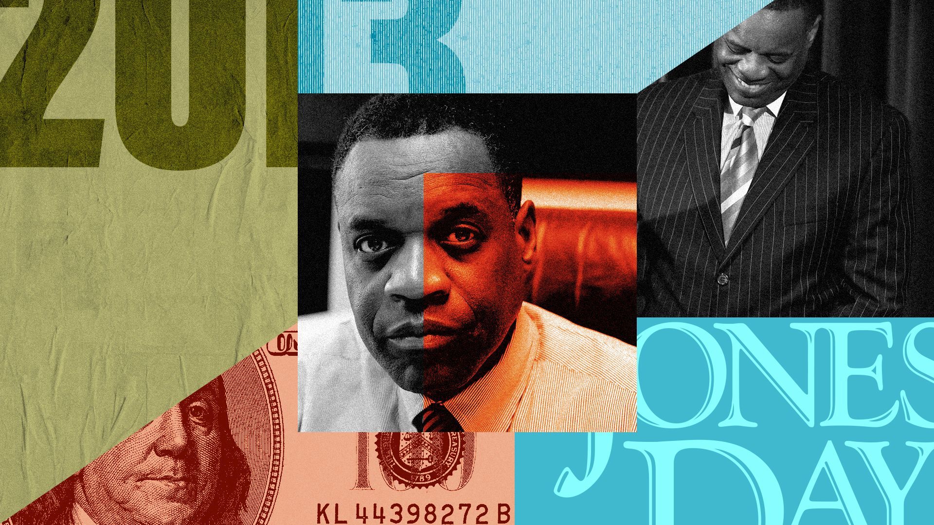 Photo illustration of Kevyn Orr with money, the Jones Day logo, and "2013" within geometric shapes.