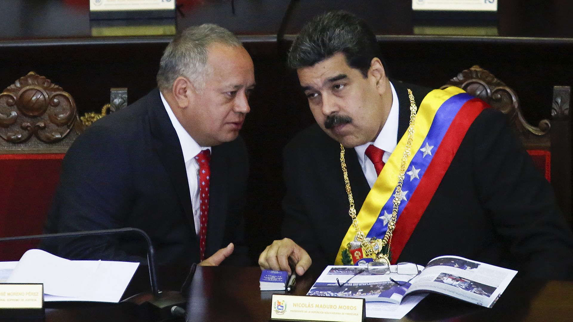 President of Venezuela Nicolás Maduro (R) talks to President of the Constituent Assembly Diosdado Cabello (L)