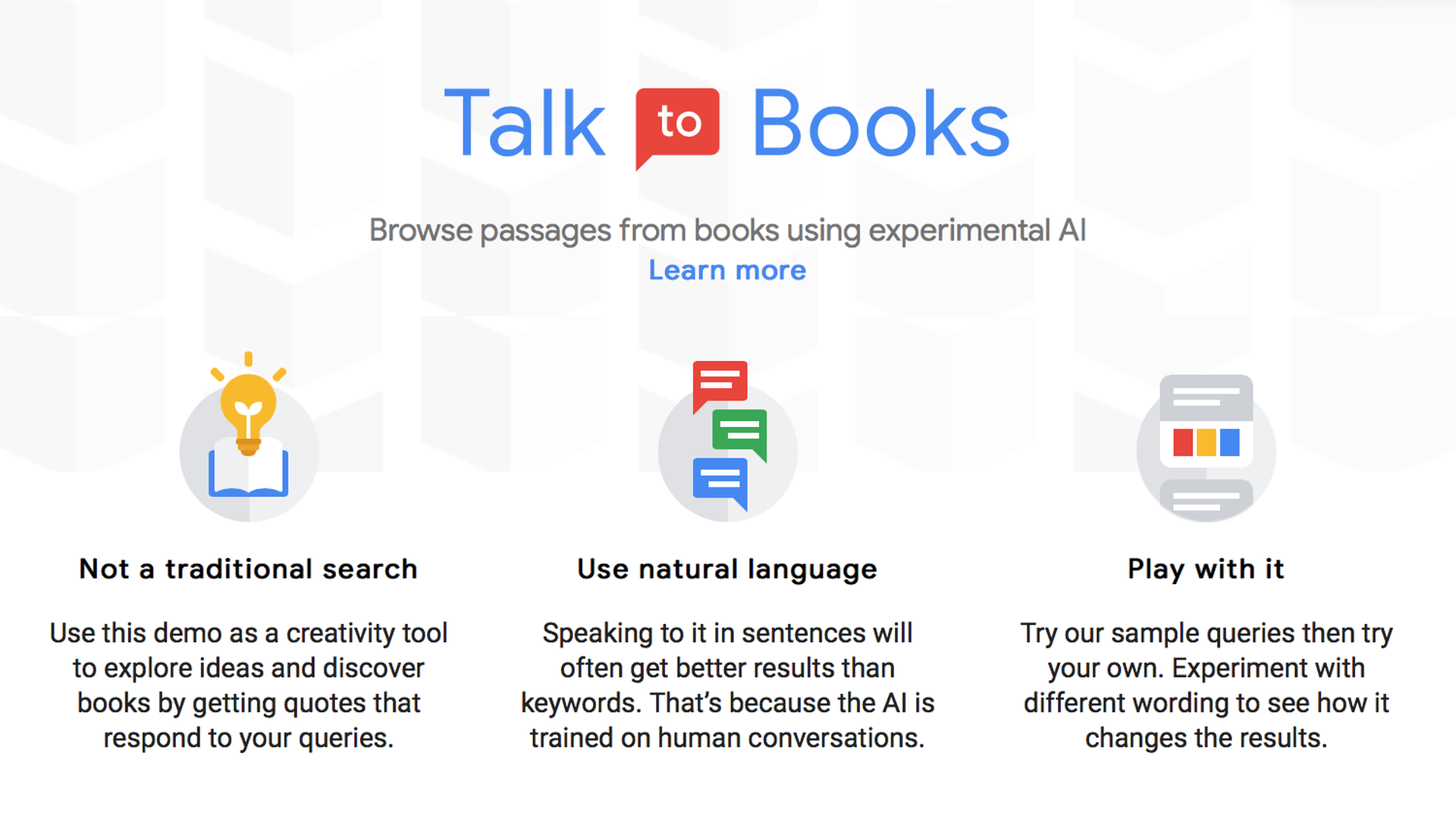 Web page displaying Google's Talk to Books experimental tool