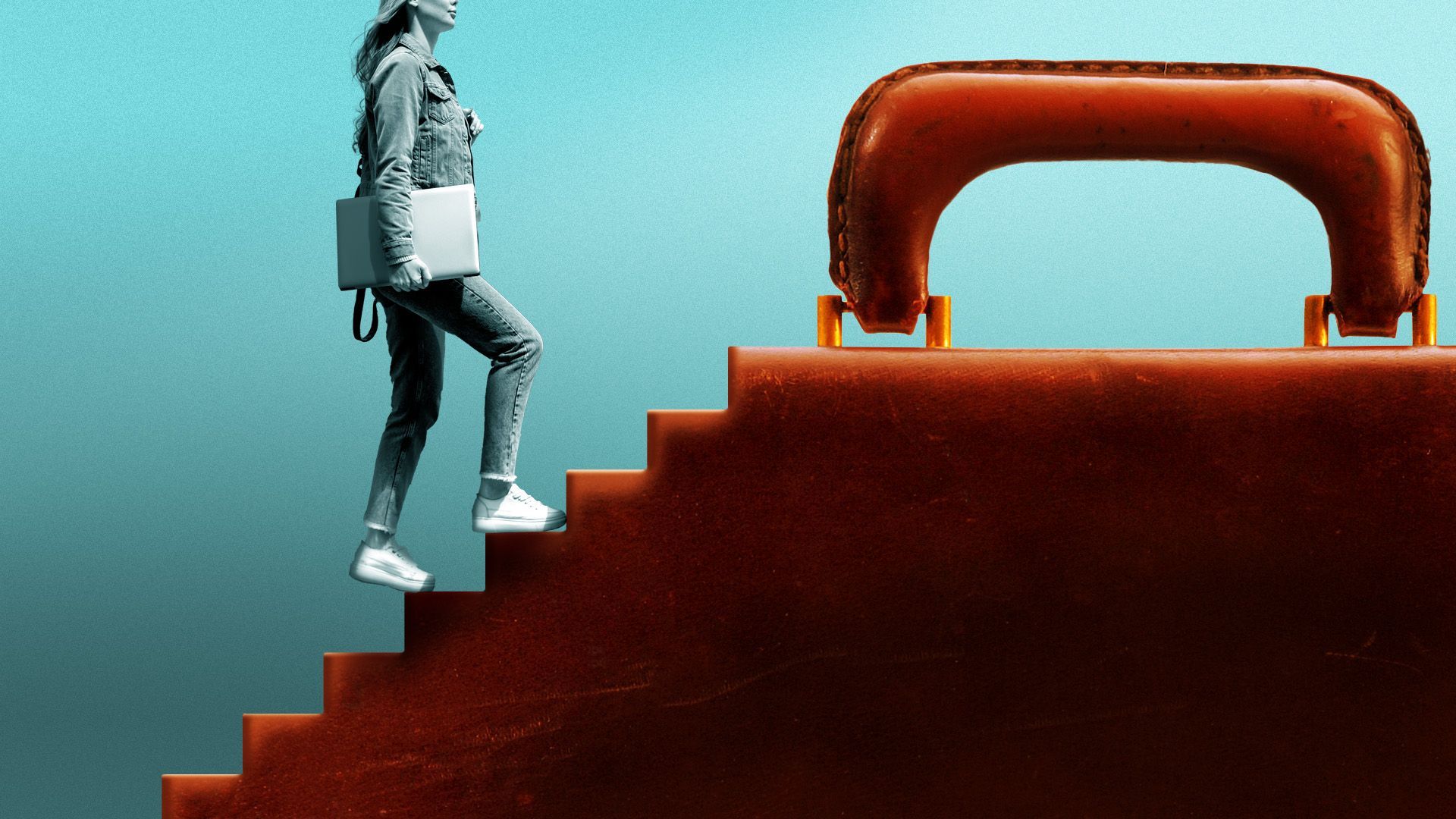 Illustration of a woman with a laptop and backpack walking up a giant briefcase with a staircase along the side
