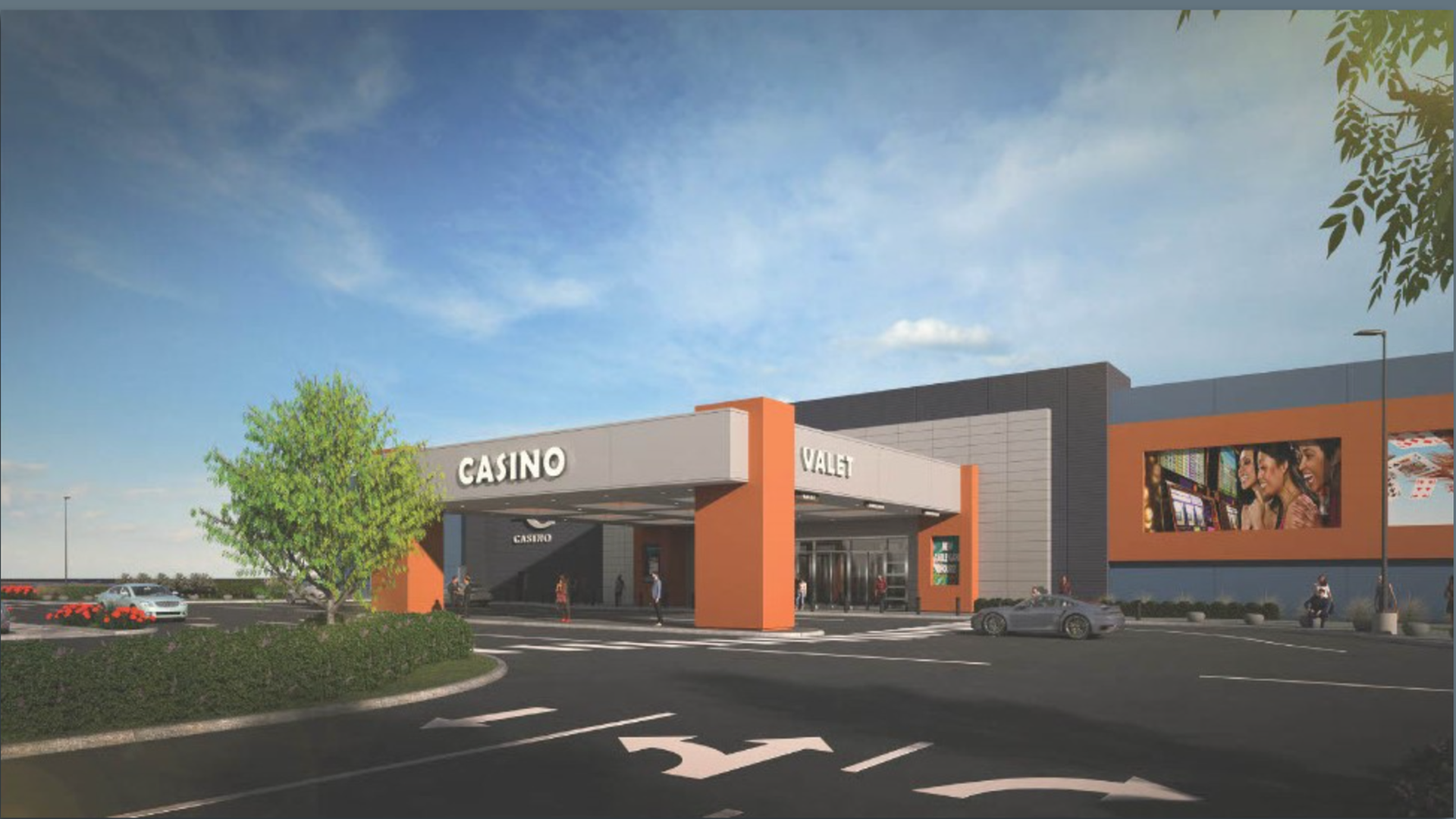 Image is a rendering that shows a gray and orange exterior of the Treasure Chest Casino in Kenner.