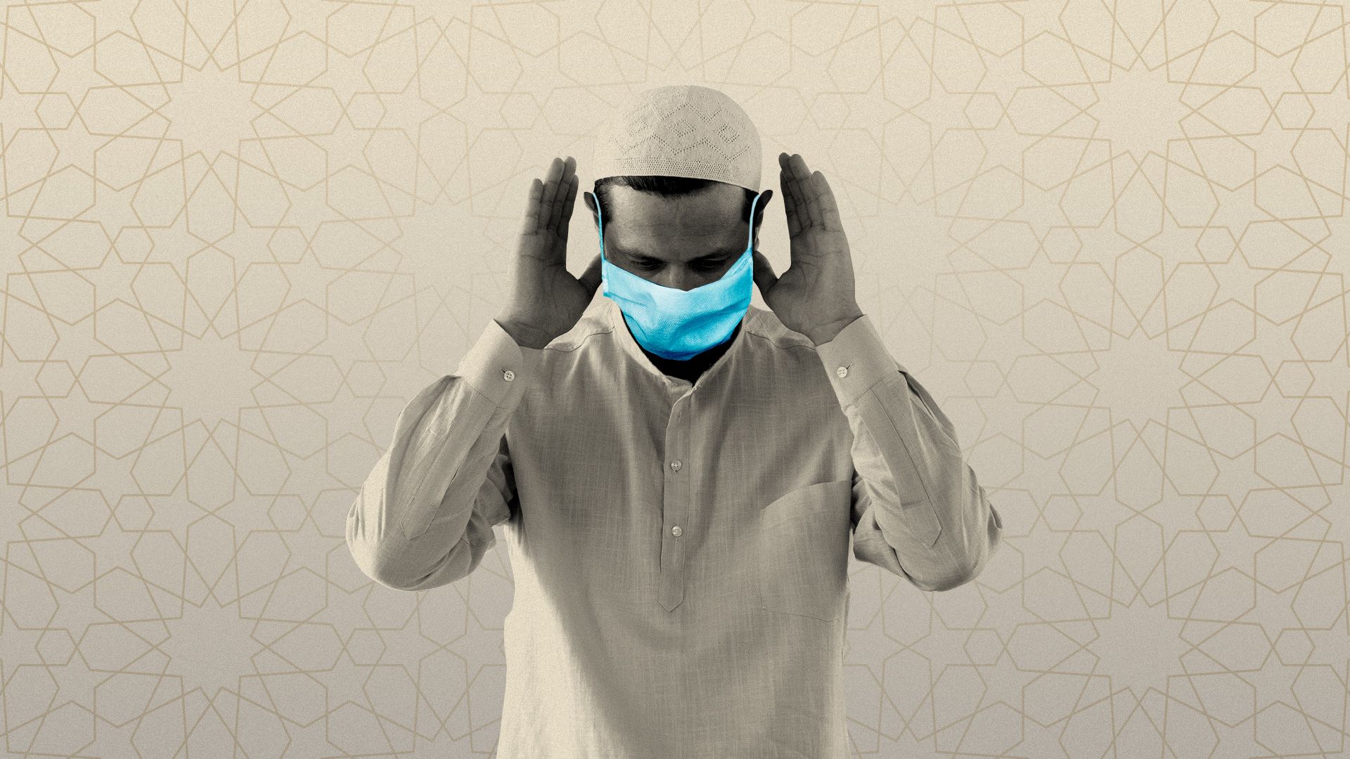 Illustration of a man praying with a surgical mask on.