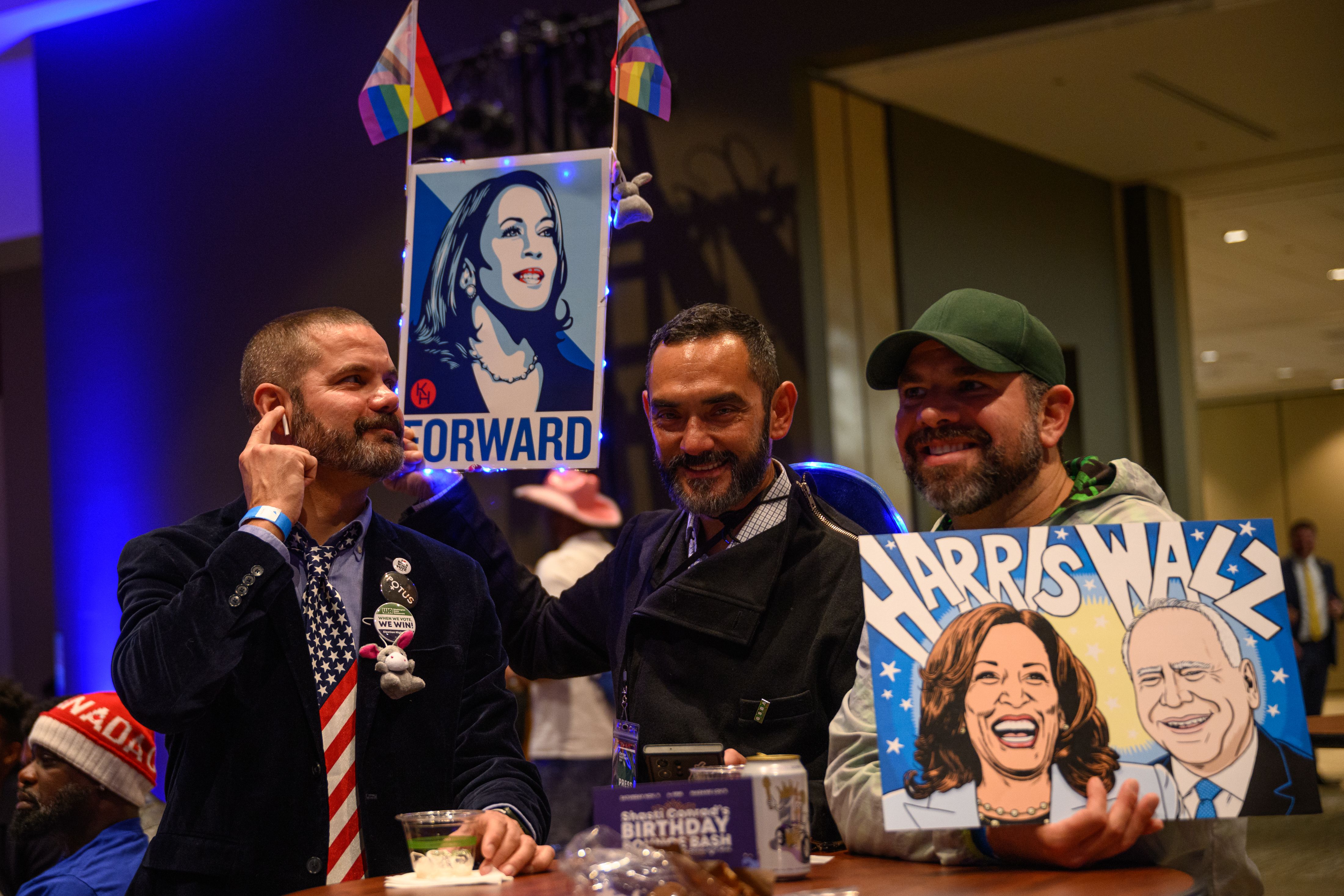   Supporters attend an election night watch party by the Washington State Democrats at the Seattle Convention Center on November 05, 2024 in Seattle, Washington. 