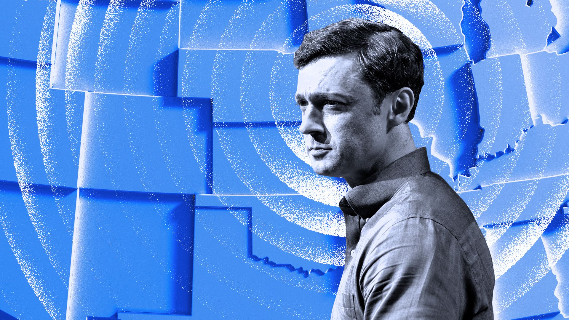 Photo illustration of Jon Ossoff in front of an abstract map of the United States and radiating lines all around.