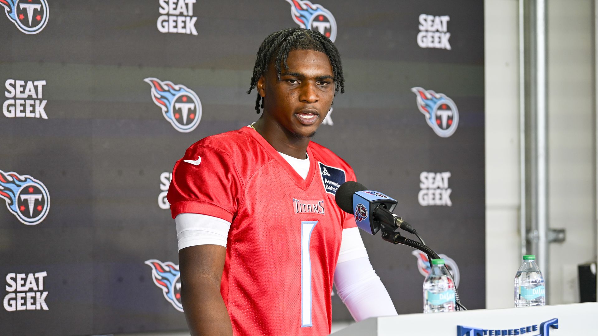 Cam Ward #1 of the Tennessee Titans speaks to the media during Tennessee Titans Rookie Minicamp at Ascension Saint Thomas Sports Park on May 10, 2025 in Nashville, Tennessee.