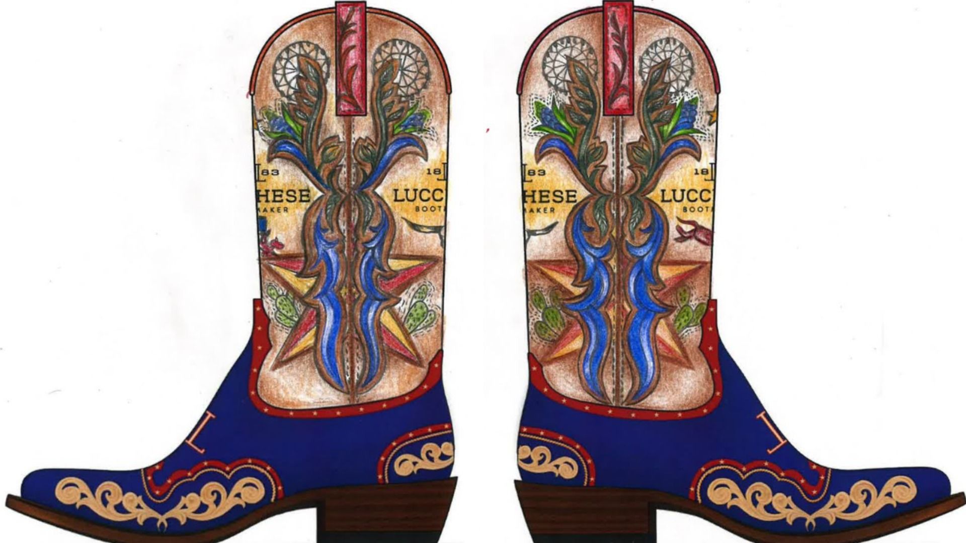 A new design of Lucchese boots for Big Tex. The design features a blue base, red trim, brown heels and images of a longhorn, ferris wheel and flowers on the upper part of the boots