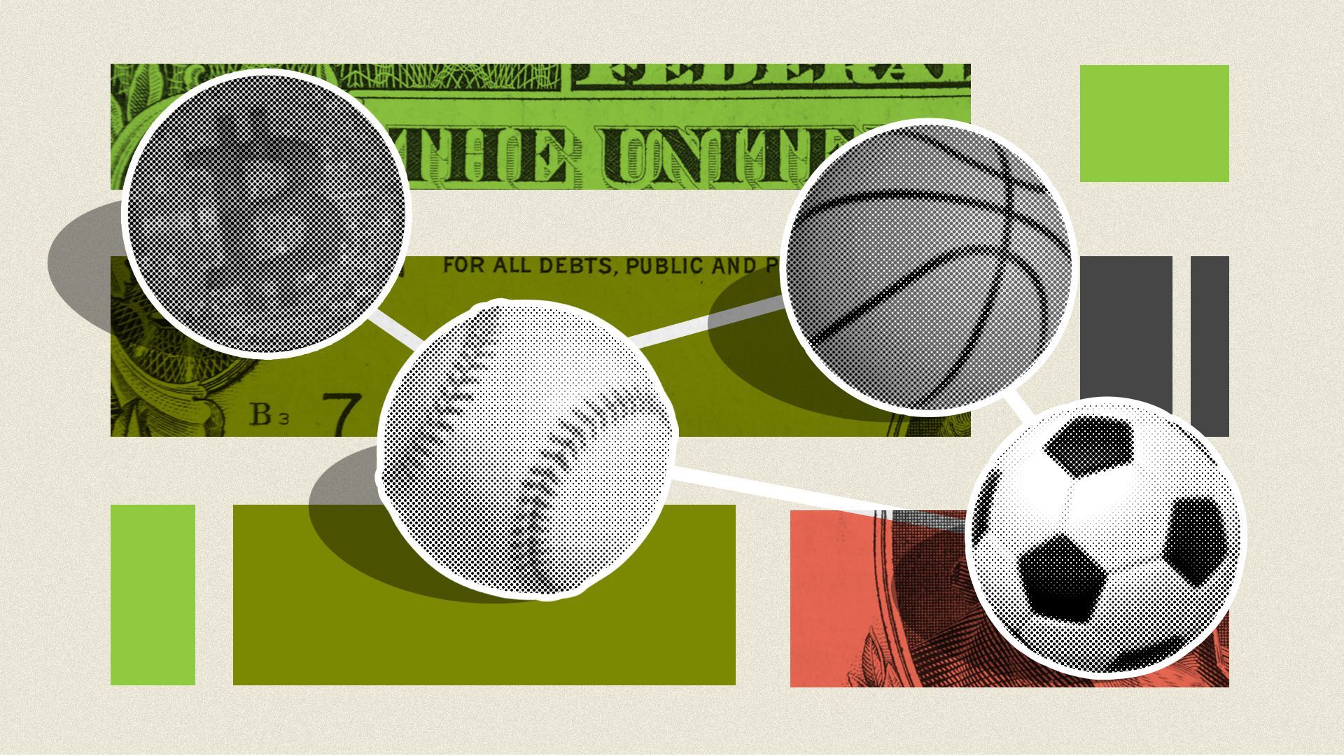 Illustration of a bitcoin connected to a baseball, basketball, and soccer ball