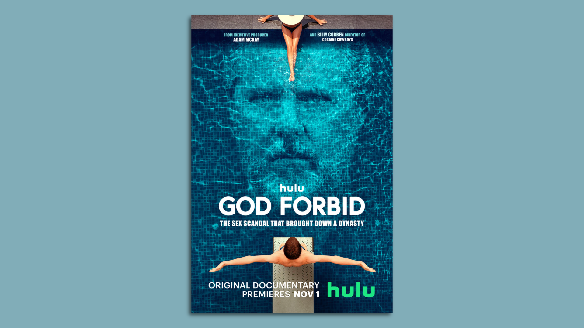 The cover art of the "God Forbid" documentary, with two people standing by a pool and the outline of Jerry Falwell Jr.'s face in the water.