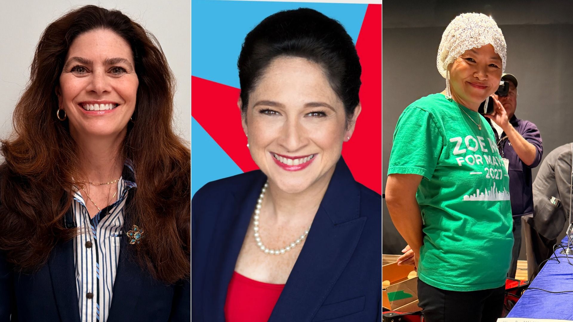 Triptych of three women: left, smiling with long brown hair in a navy blazer; center, close-up with dark hair and pearl necklace; right, smiling in a green ZOE FOR MAYOR 2027 shirt and white headwrap.