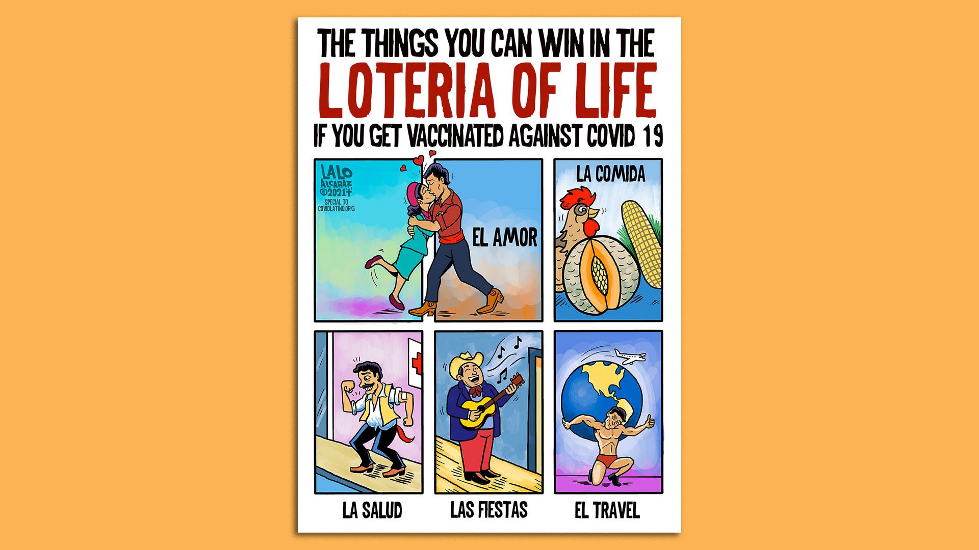 A cartoon of lotería cards, depicting what people will enjoy if they get vaccinated against COVID-19
