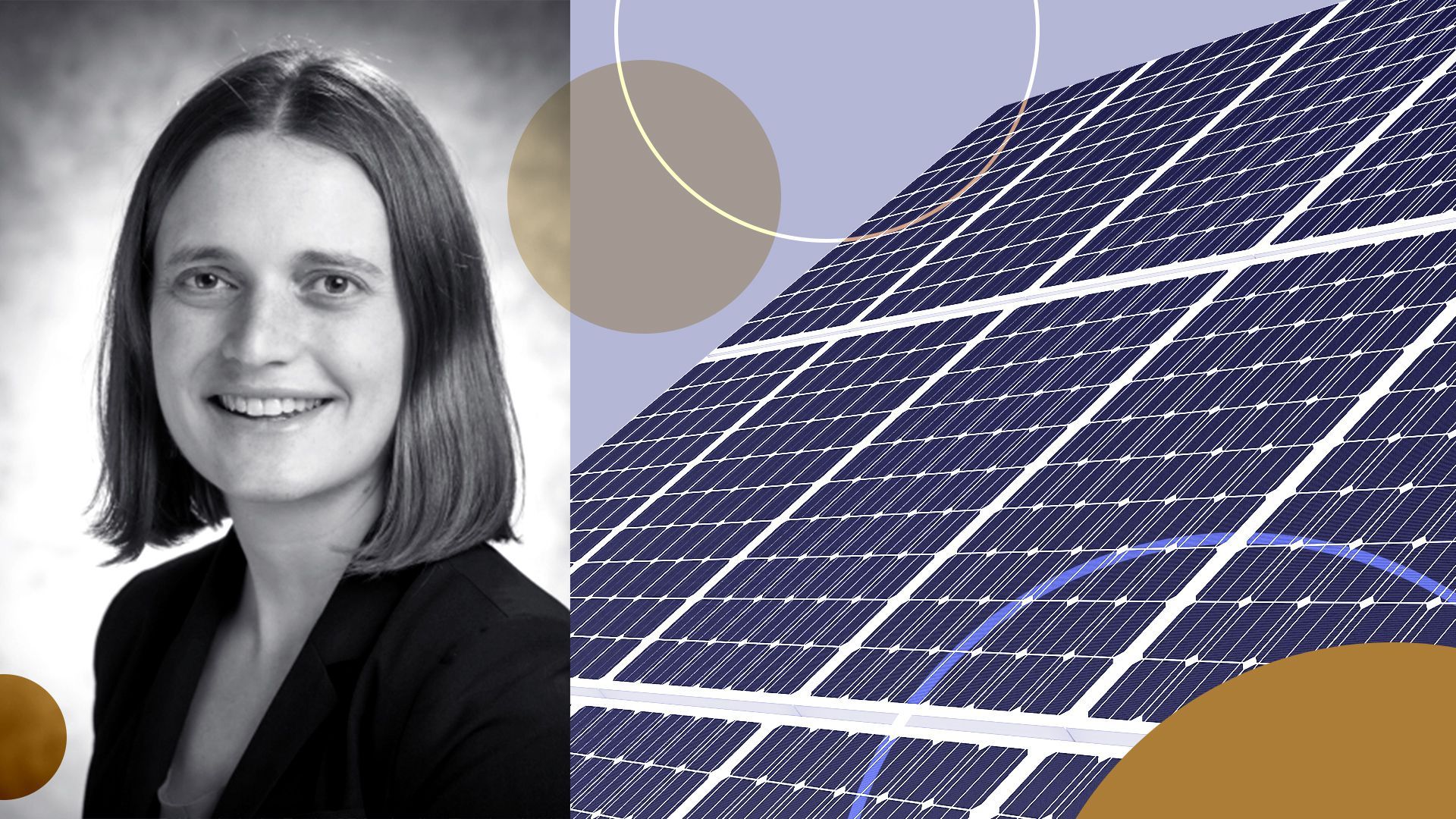 Photo illustration of Becca Jones-Albertus with solar panels and abstract shapes.