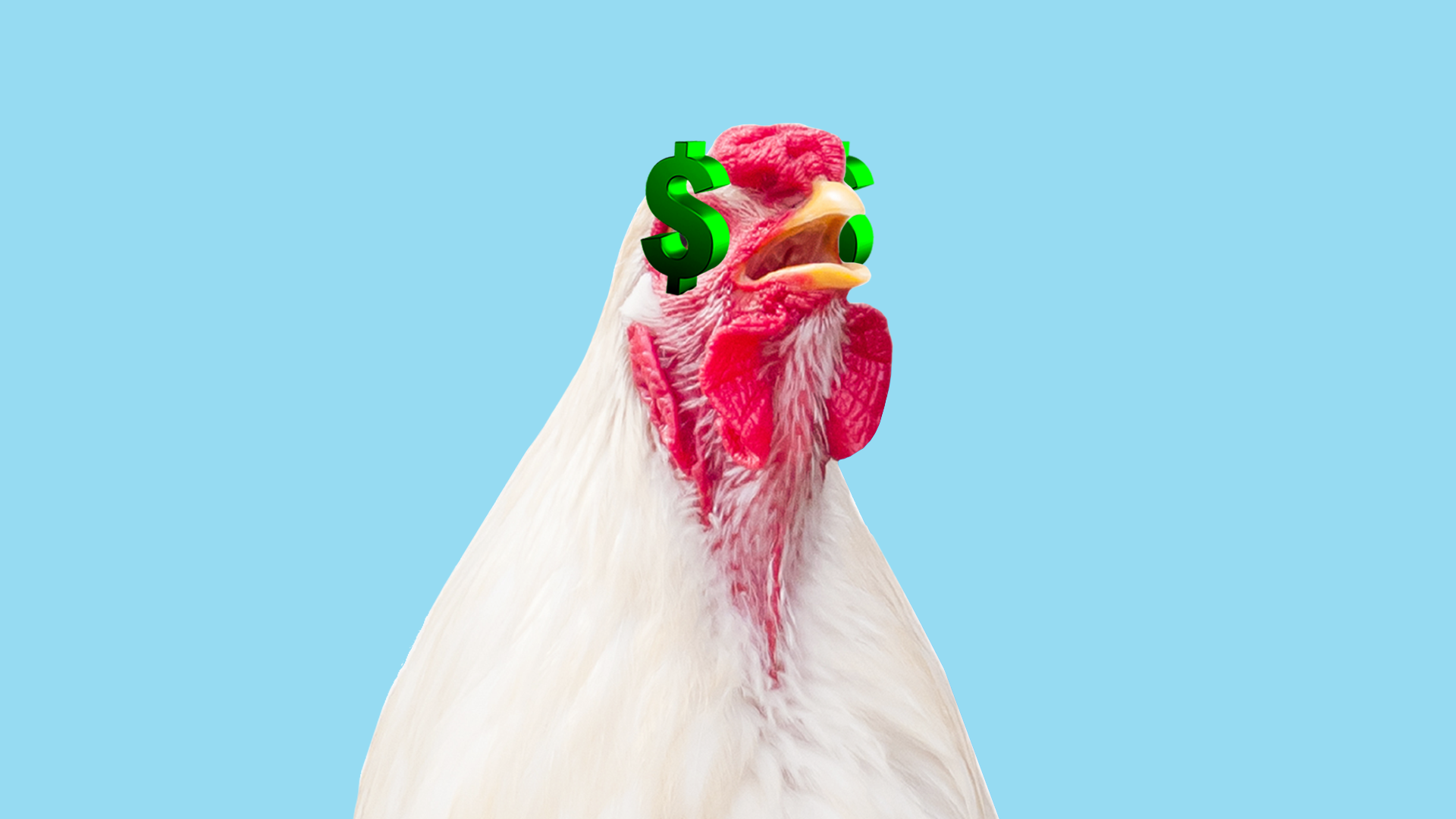 Illustration of a chicken with dollar signs for eyes.
