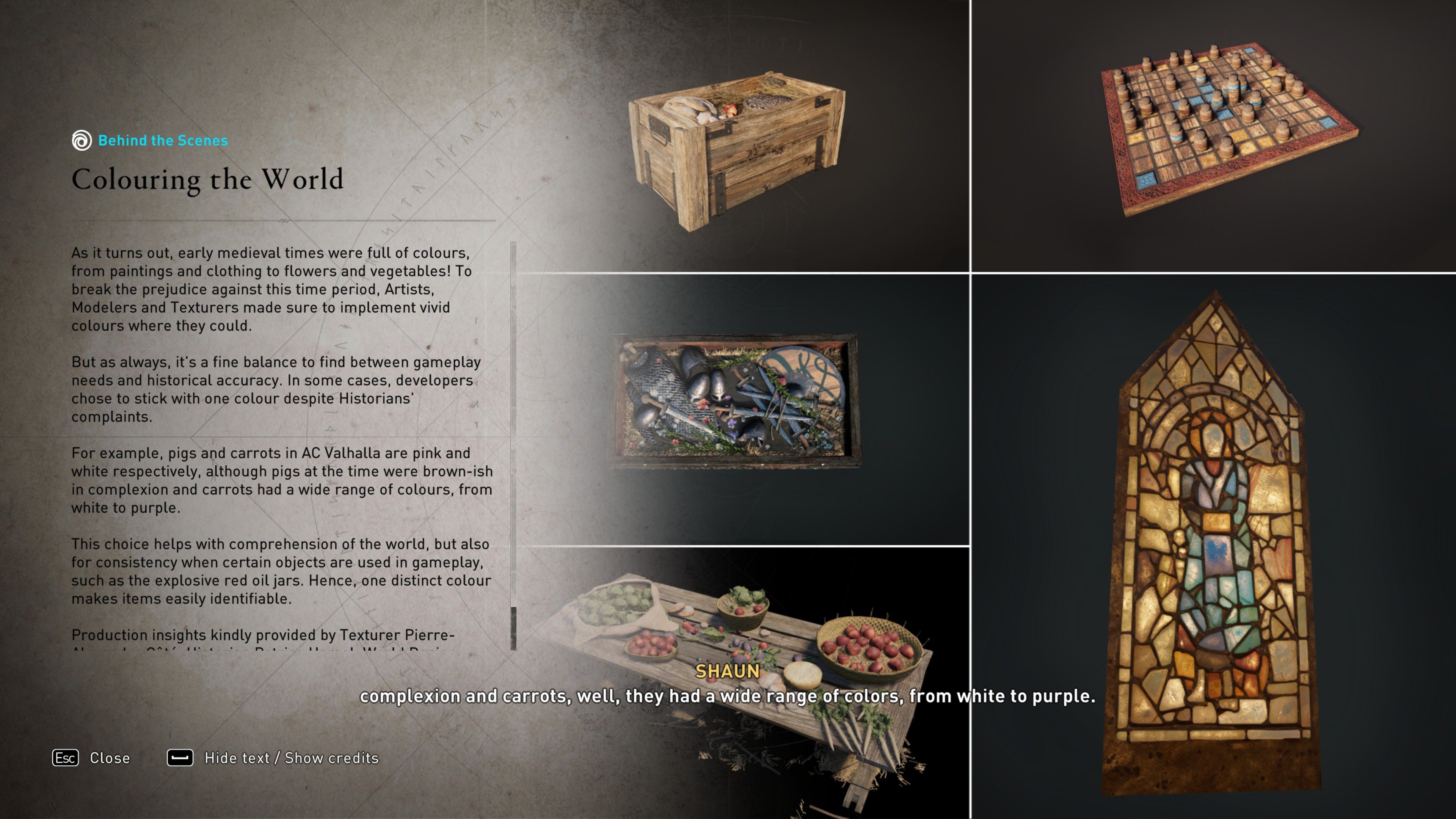 Screenshot of text and images that explain how colors were selected for objects in Assassin's Creed Valhalla