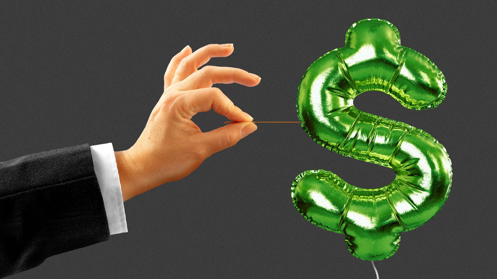 Illustration of a hand holding a needle by a dollar sign-shaped balloon.