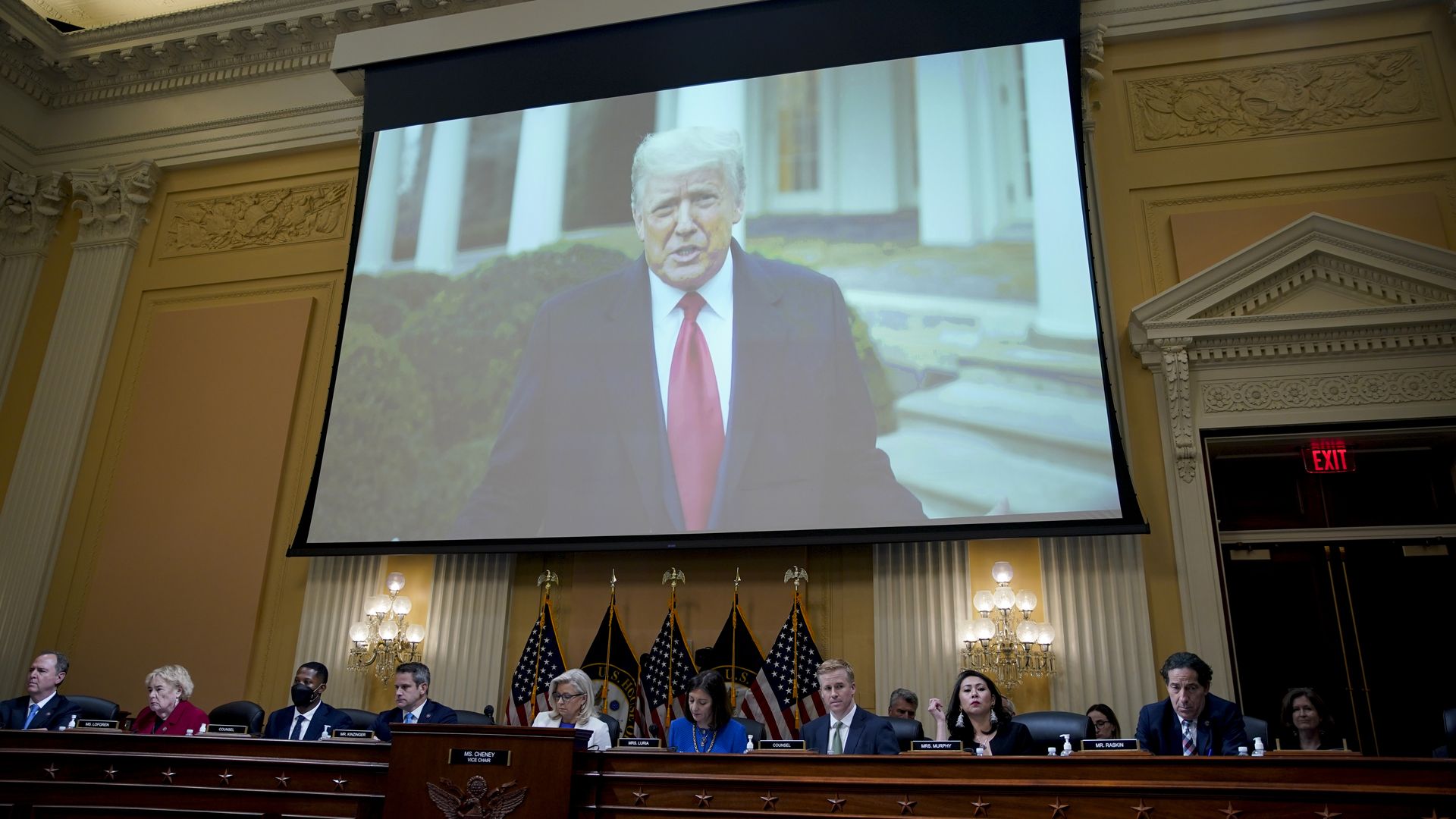 A video of former President Donald Trump played on a screen during a hearing of the Select Committee to Investigate the January 6th Attack