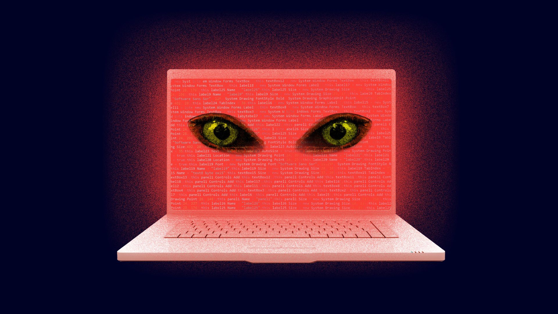A laptop displays menacing eyes on a red screen.