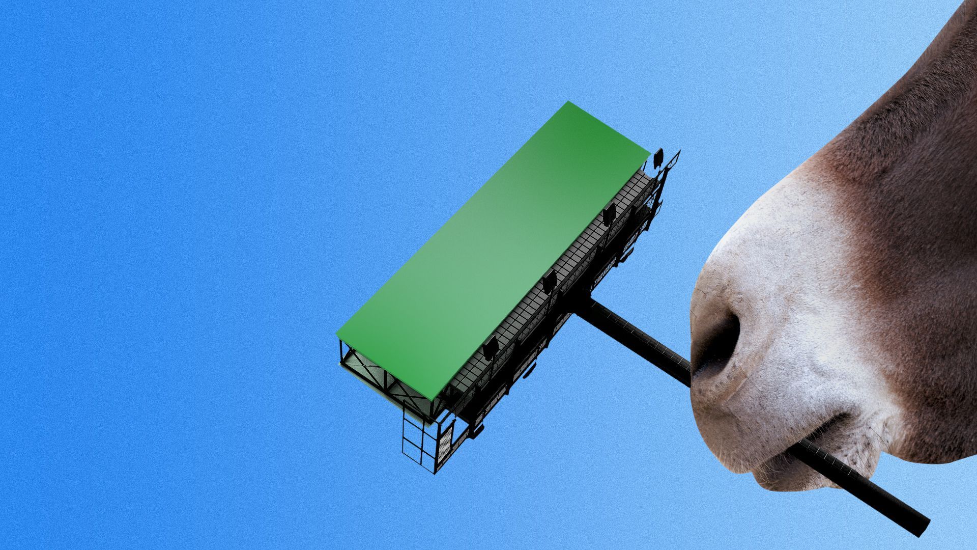 Illustration of a donkey holding a billboard in its mouth. 