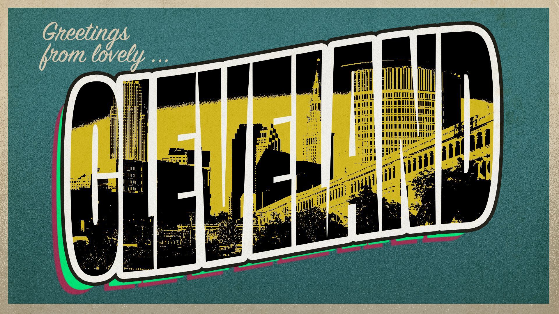 Photo illustration of a vintage-style postcard reading Greetings from lovely Cleveland, with a photo of Cleveland within the text.