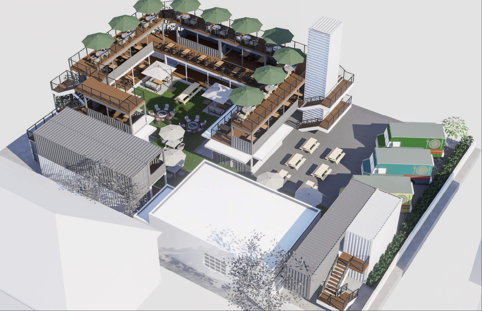 A rendering of a bar made out of shipping containers