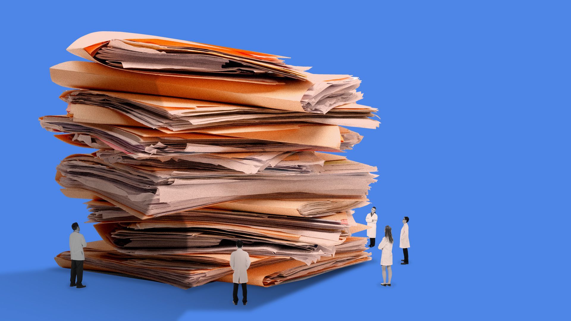 People in lab coats look up at an enormous stack of papers.