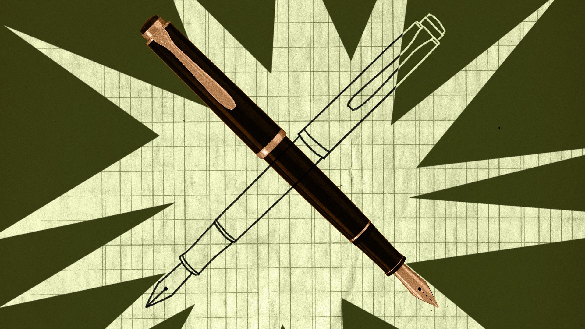 Illustration of two crossed pens, one drawn and the other a photograph, on a grid background with starburst shapes.