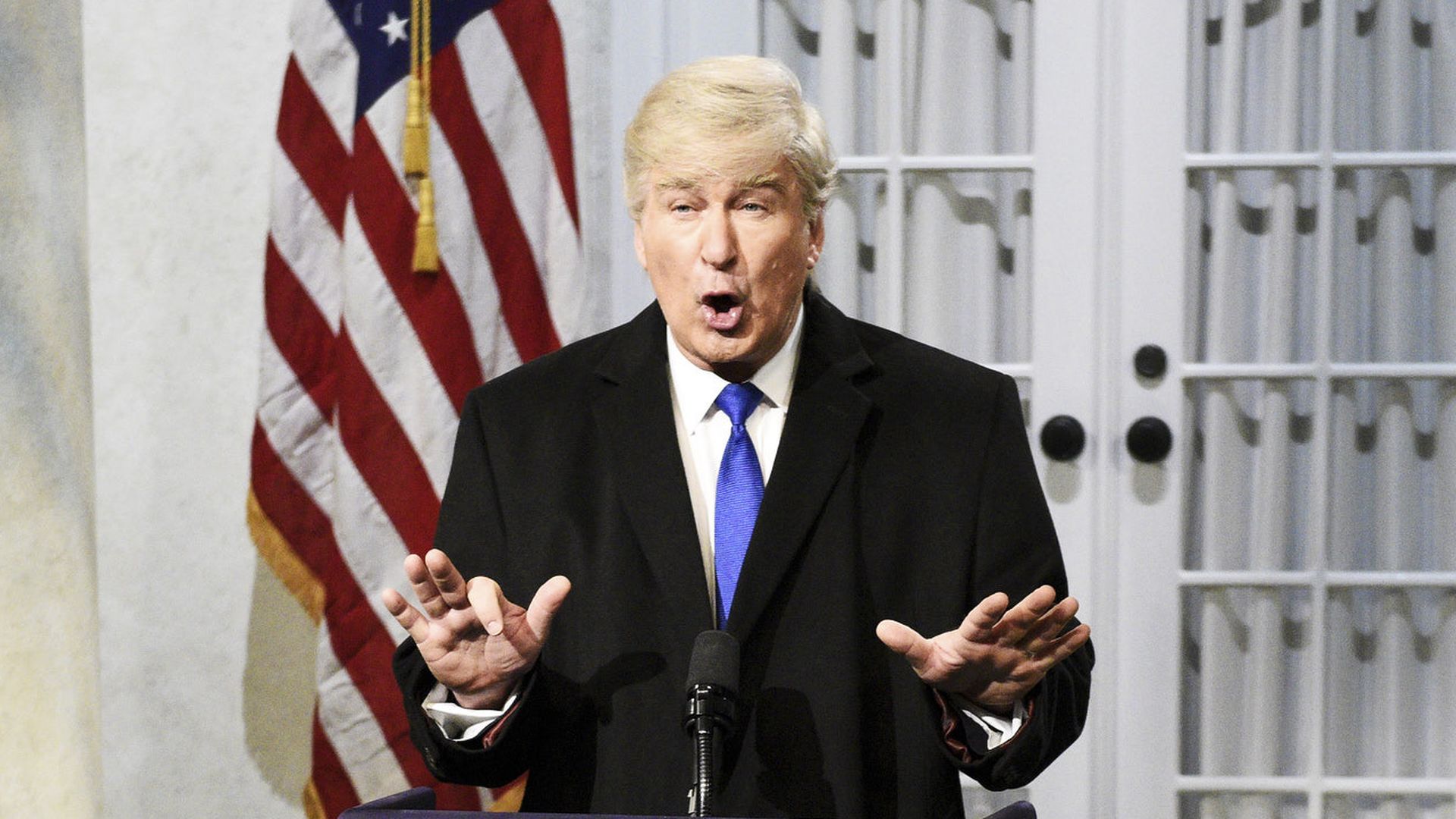  Alec Baldwin as Donald Trump during the "Trump Press Conference" Cold Open on Saturday, February 16