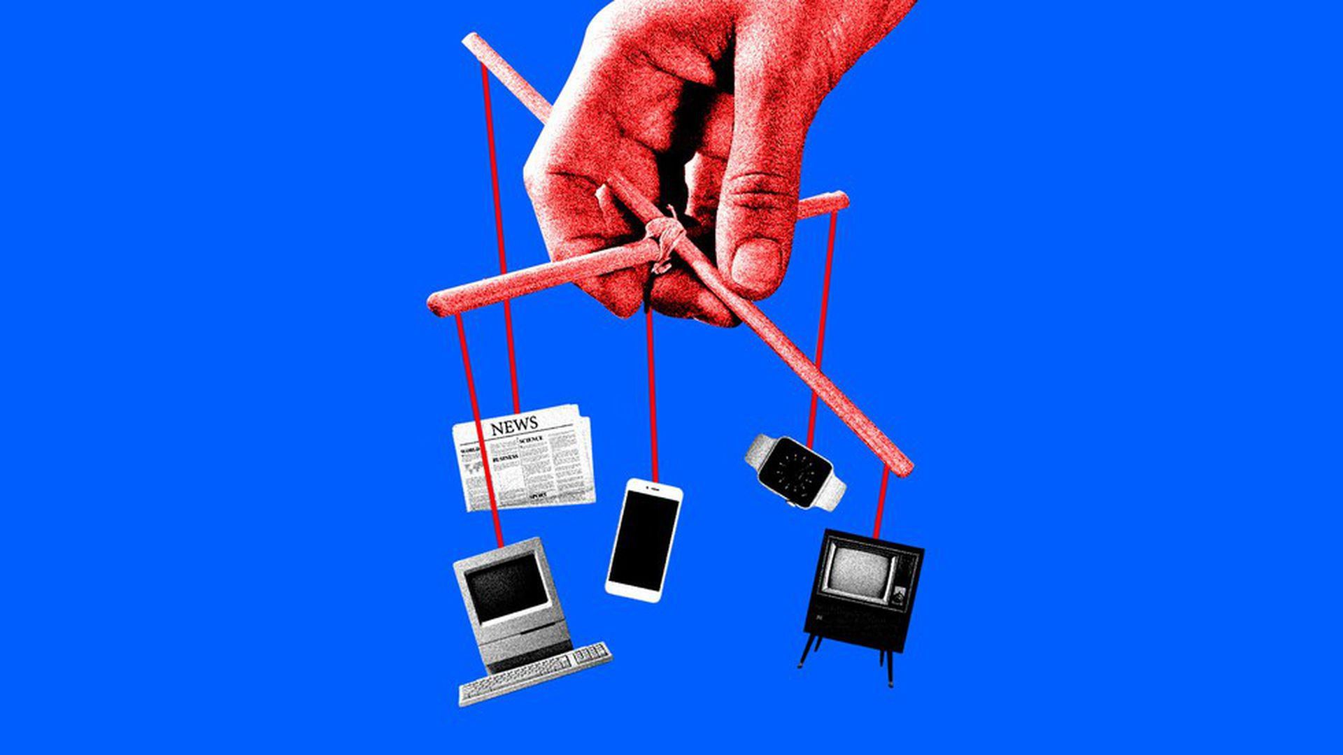 Hand dangling puppet strings holding various forms of media like TV and newspaper