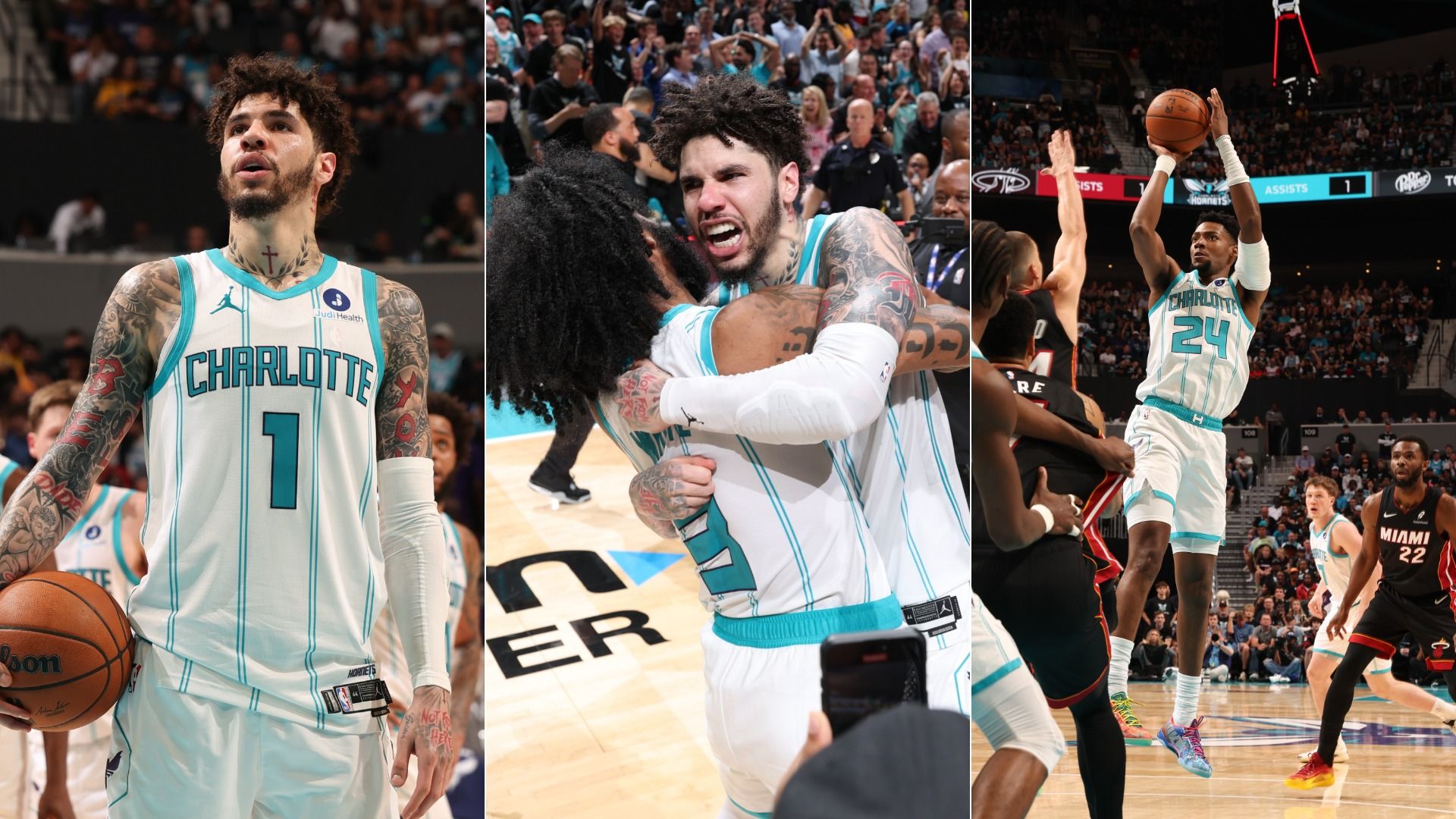 Hornets vs. Miami Heat. Players shooting baskets, waiting to shoot and players celebrating. 