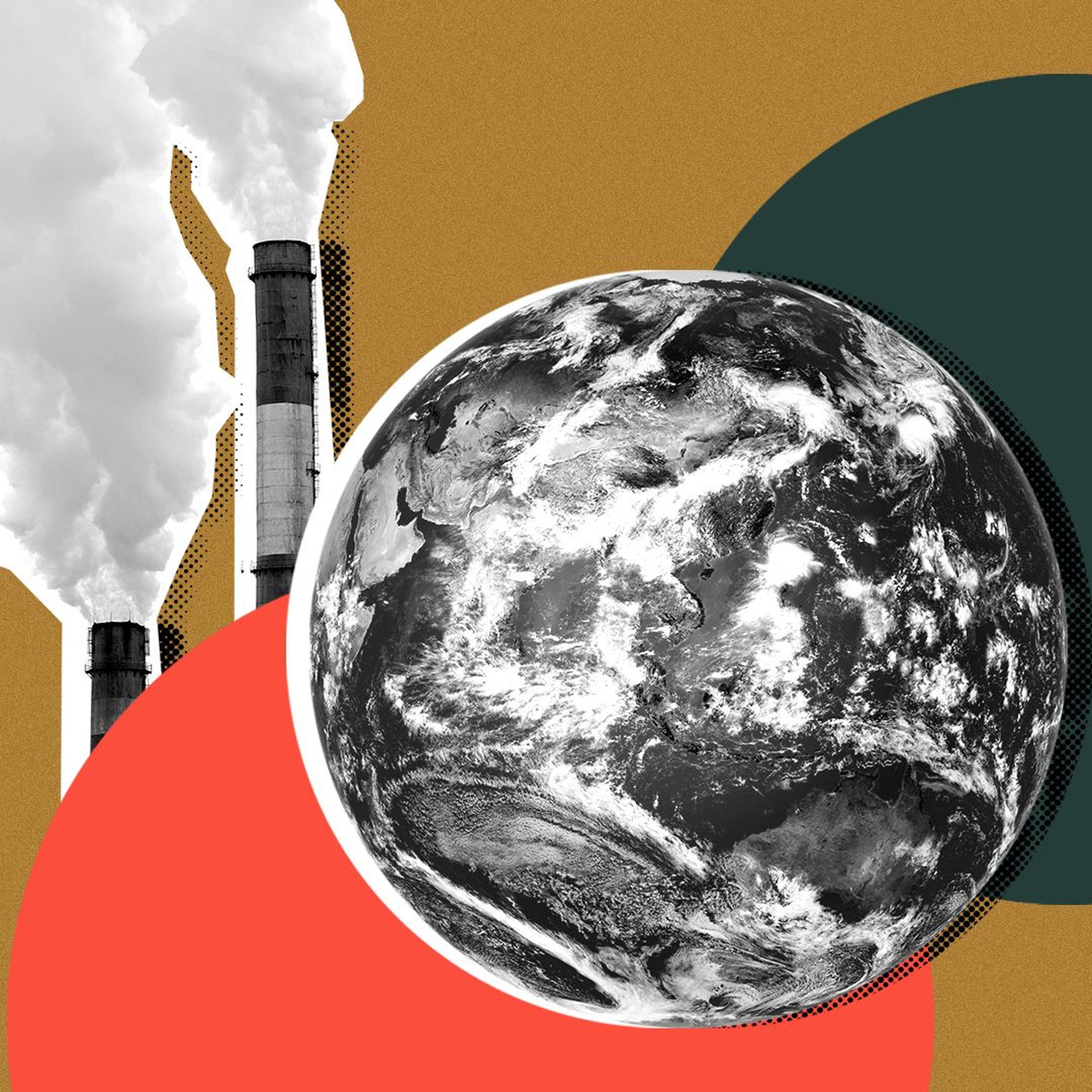 Illustration of a collage with images of the earth and industrial chimneys