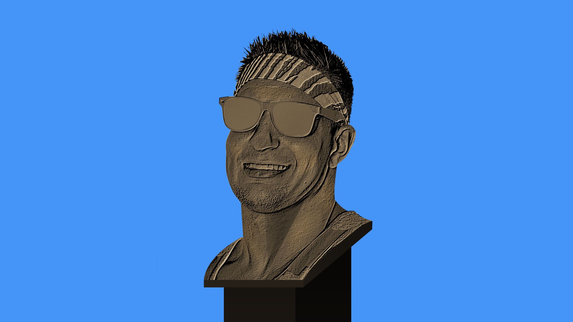 Rob Gronkowski's football HOF bust with sunglasses and bandana