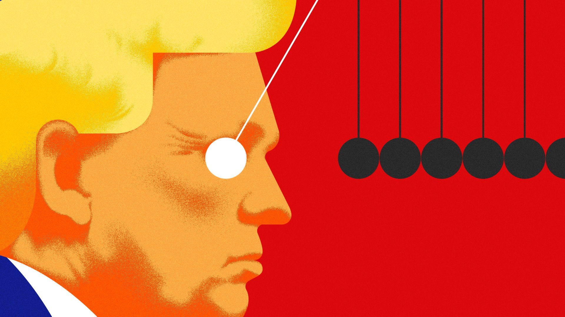 Illustration of Donald Trump in profile, with his eye replaced by a ball that is about to crash into the rest of a Newton's cradle.