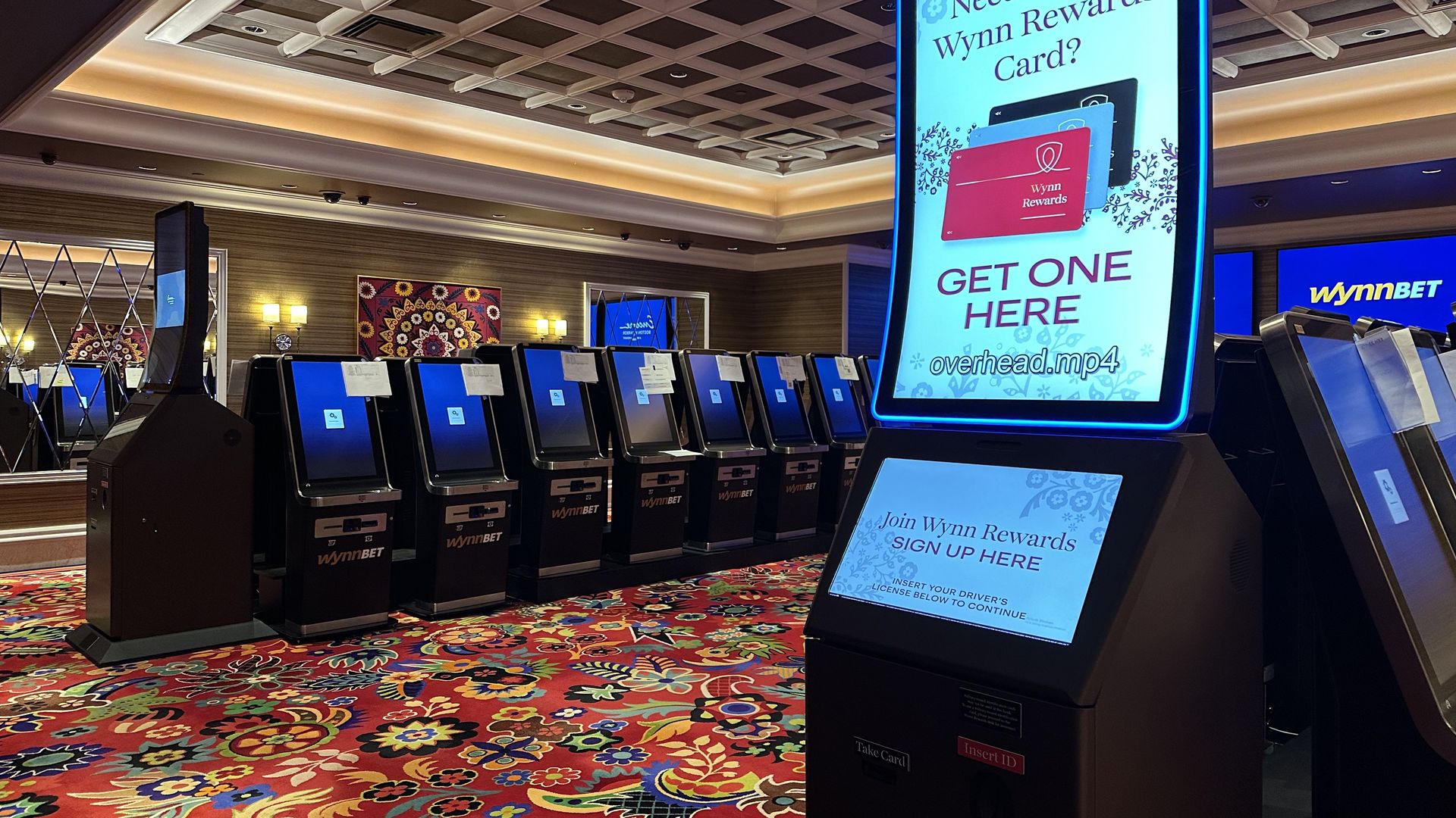 One open-space room on the side of Encore Boston Harbor's casino floor has dozens of sports betting kiosks ready to go live when sports betting launches Jan. 31.