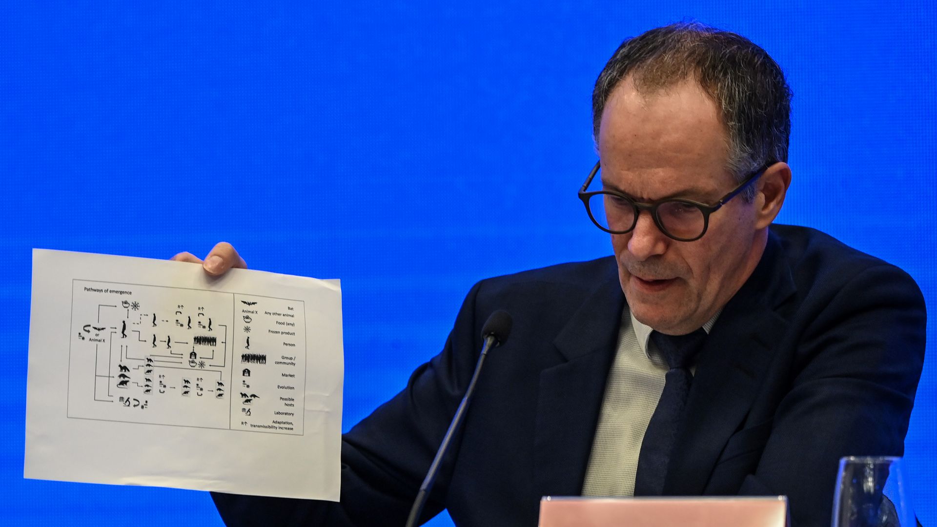 WHO scientist holds a chart.