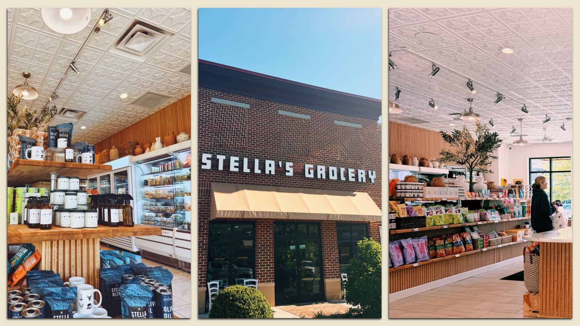 Triptych of Stella's Grocery: left panel shows jars, mugs, and bags on shelves; center brick storefront with the sign "STELLA'S GROCERY"; right panel shows snacks and a shopper inside.