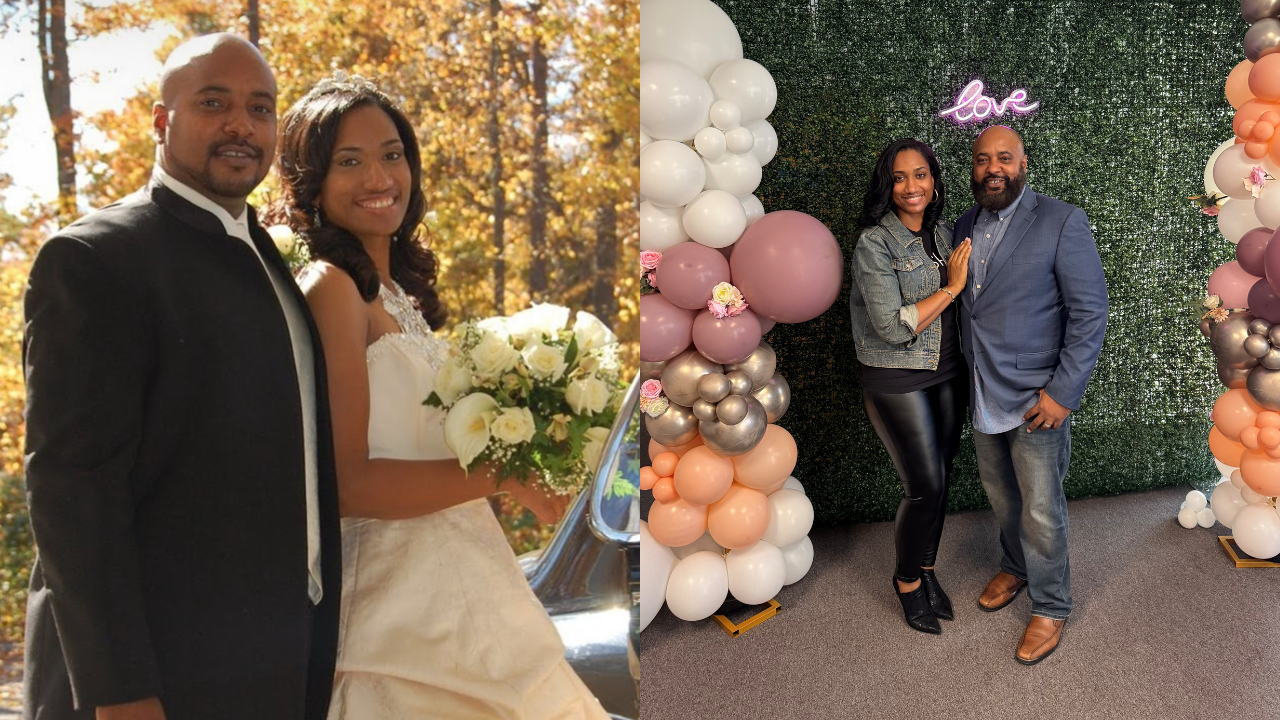 Side-by-side images of a couple: left, dressed in wedding attire with autumn trees in background; right, casually dressed standing by balloon decorations and a neon "love" sign.