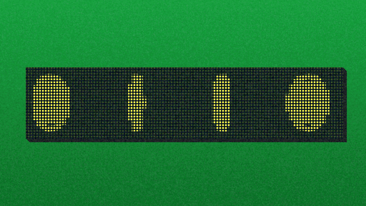Animated illustration of pixelated coins moving across a stock ticker screen.