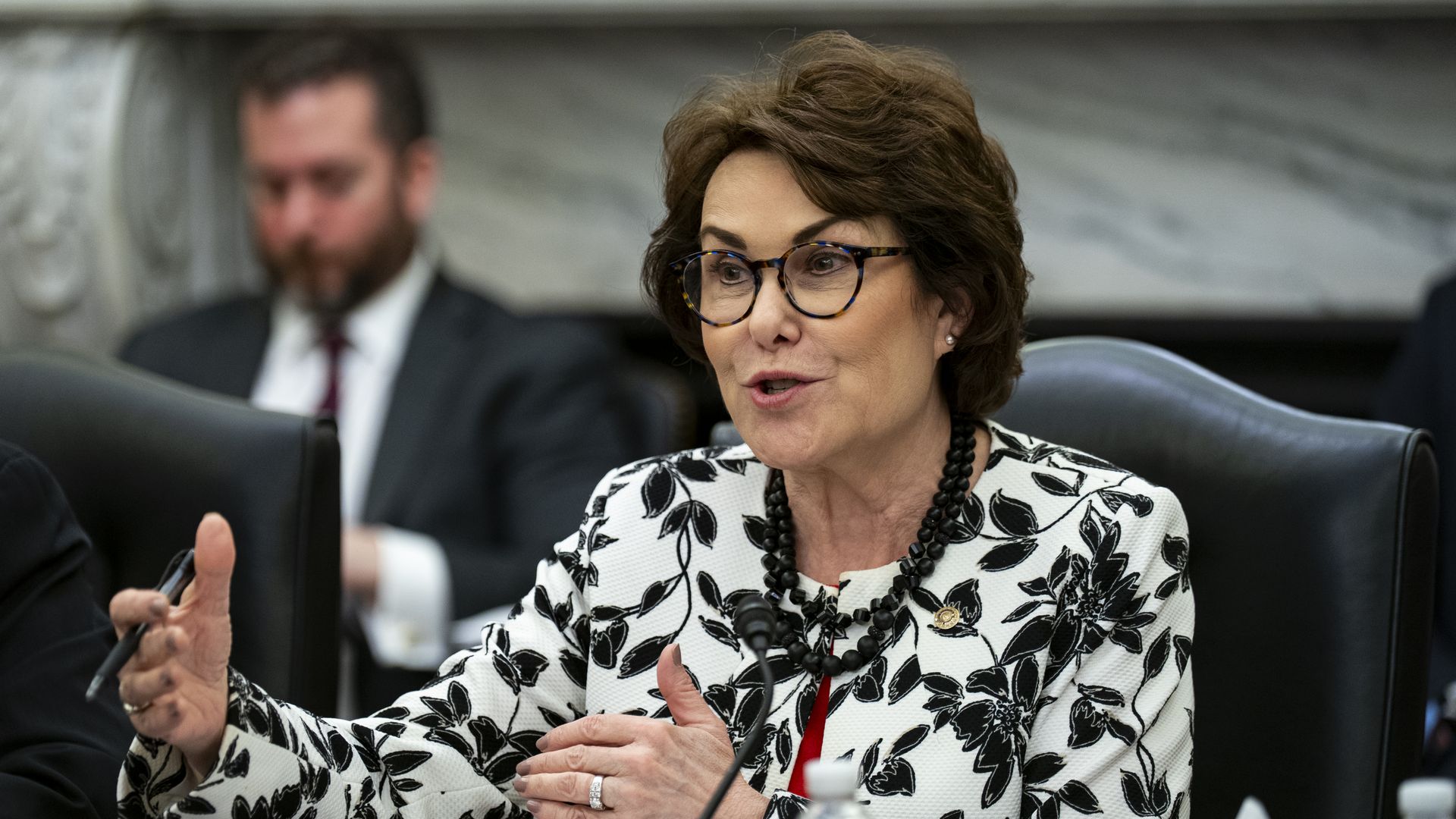 Sen. Jacky Rosen (D-NV), ranking member of the Senate Armed Services Subcomittee on Cybersecurity, speaks during a hearing on Artificial Intelligence cyber capabilities, on Capitol Hill on March 25, 2025 in Washington, DC.