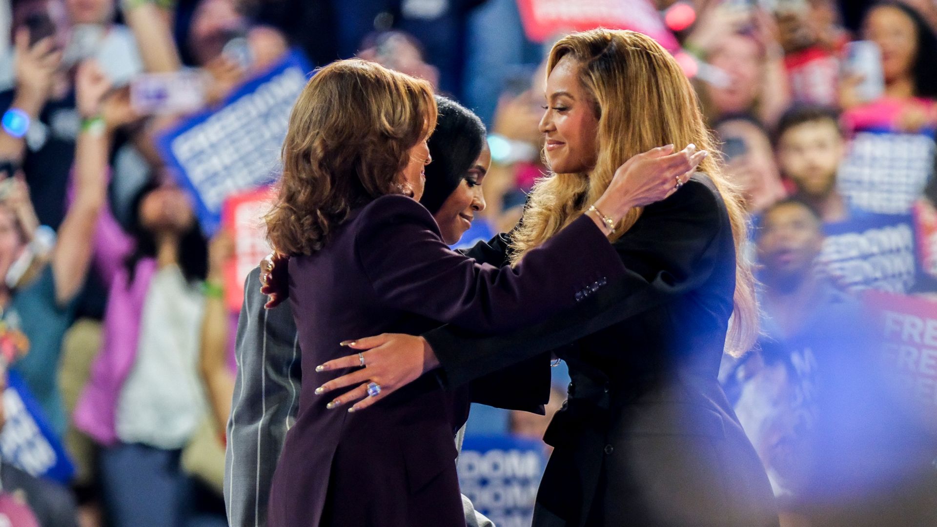 Beyoncé embraces Vice President Kamala Harris at a rally in Houston 