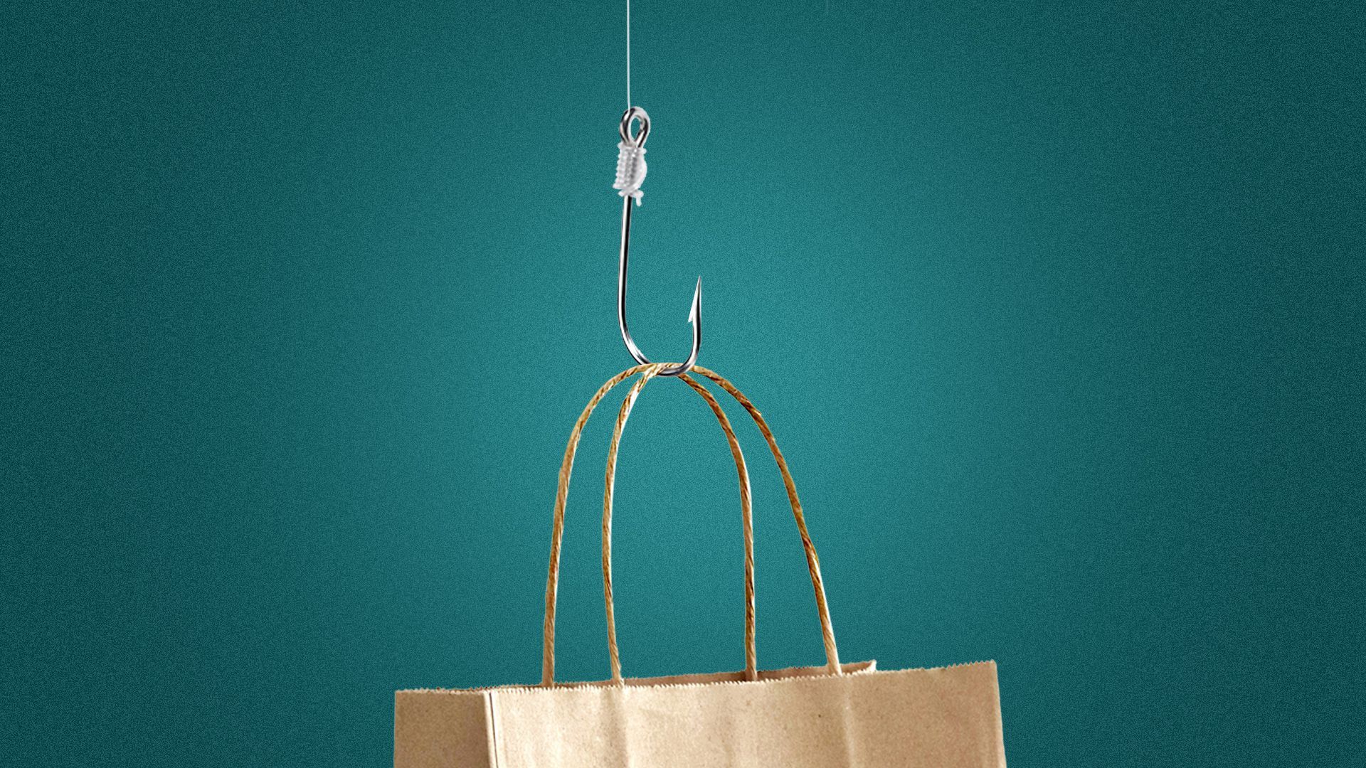 Illustration of a paper bag with handles held by a fishing hook on a line