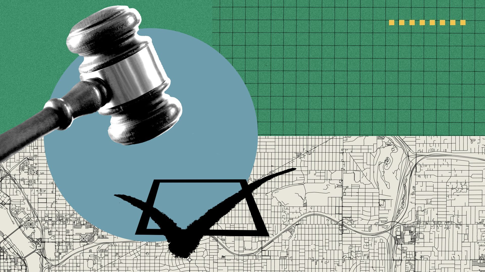 Photo illustration of a gavel hovering above a checkmark inside a circle with a grid and the map of Portland in the background.