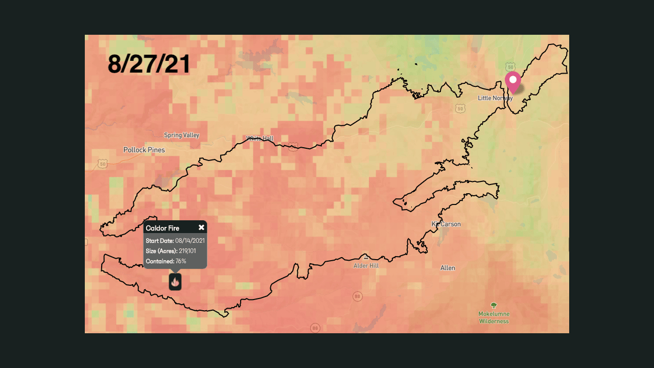 Changing wildfire risk conditions during the Caldor Fire in California, with the black outline of the blaze shown.
