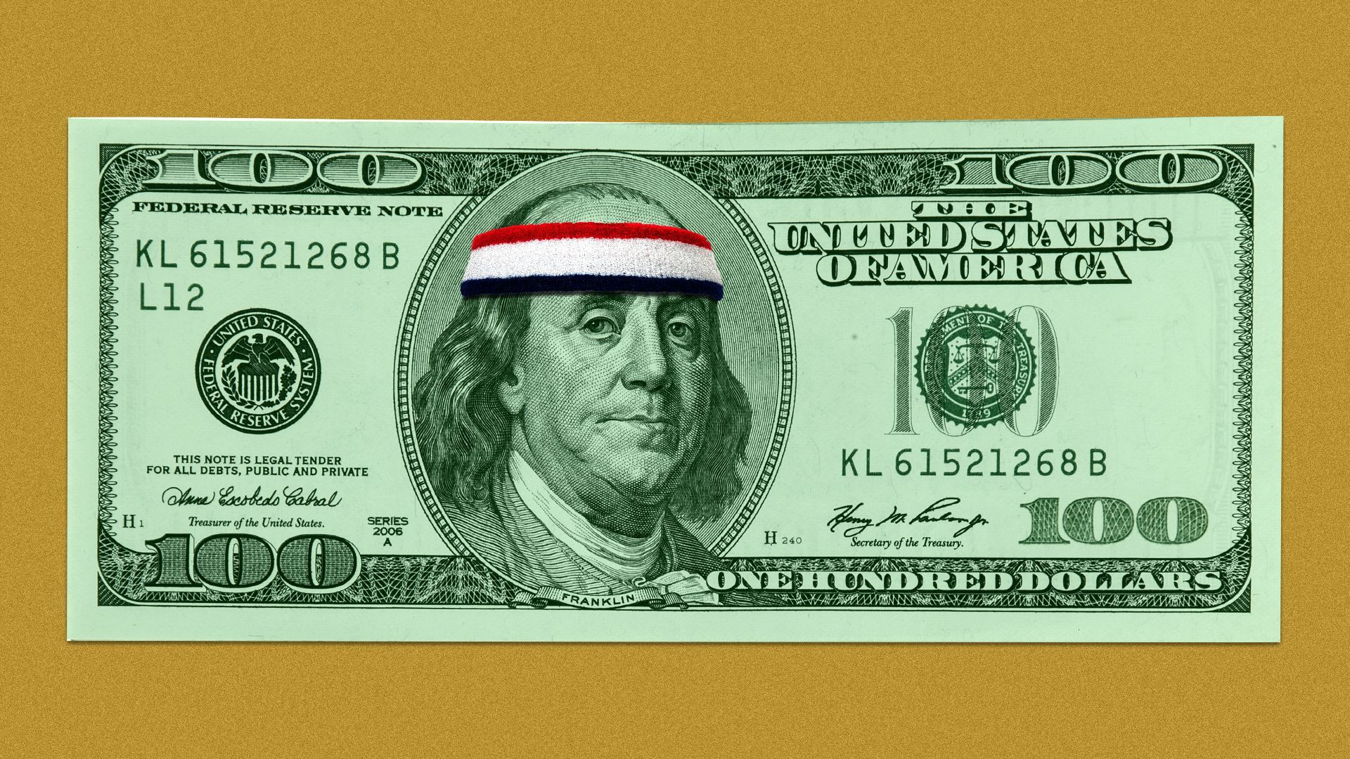 Illustration of Ben Franklin on $100 bill wearing a sweatband.