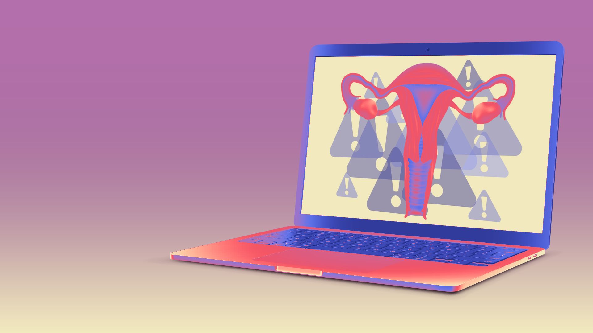 Illustration of a uterus and warning symbols on a laptop screen.
