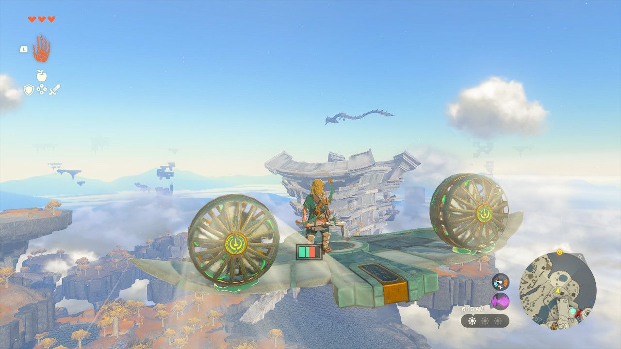 Video game screenshot of a young man standing on a green wing that is flying through the sky, propelled by two large fans